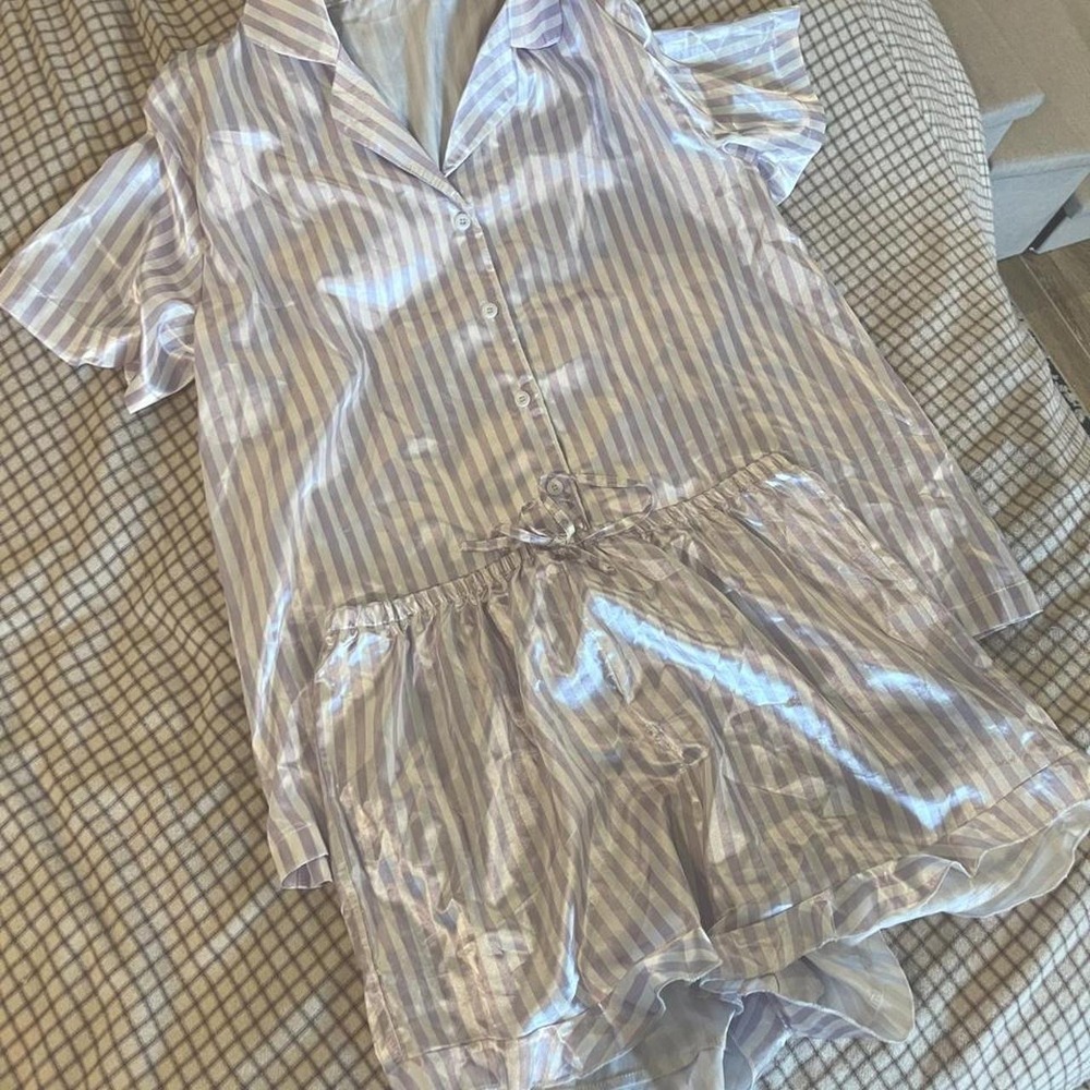 Purple & White Striped Satin Pajama Set Size XL